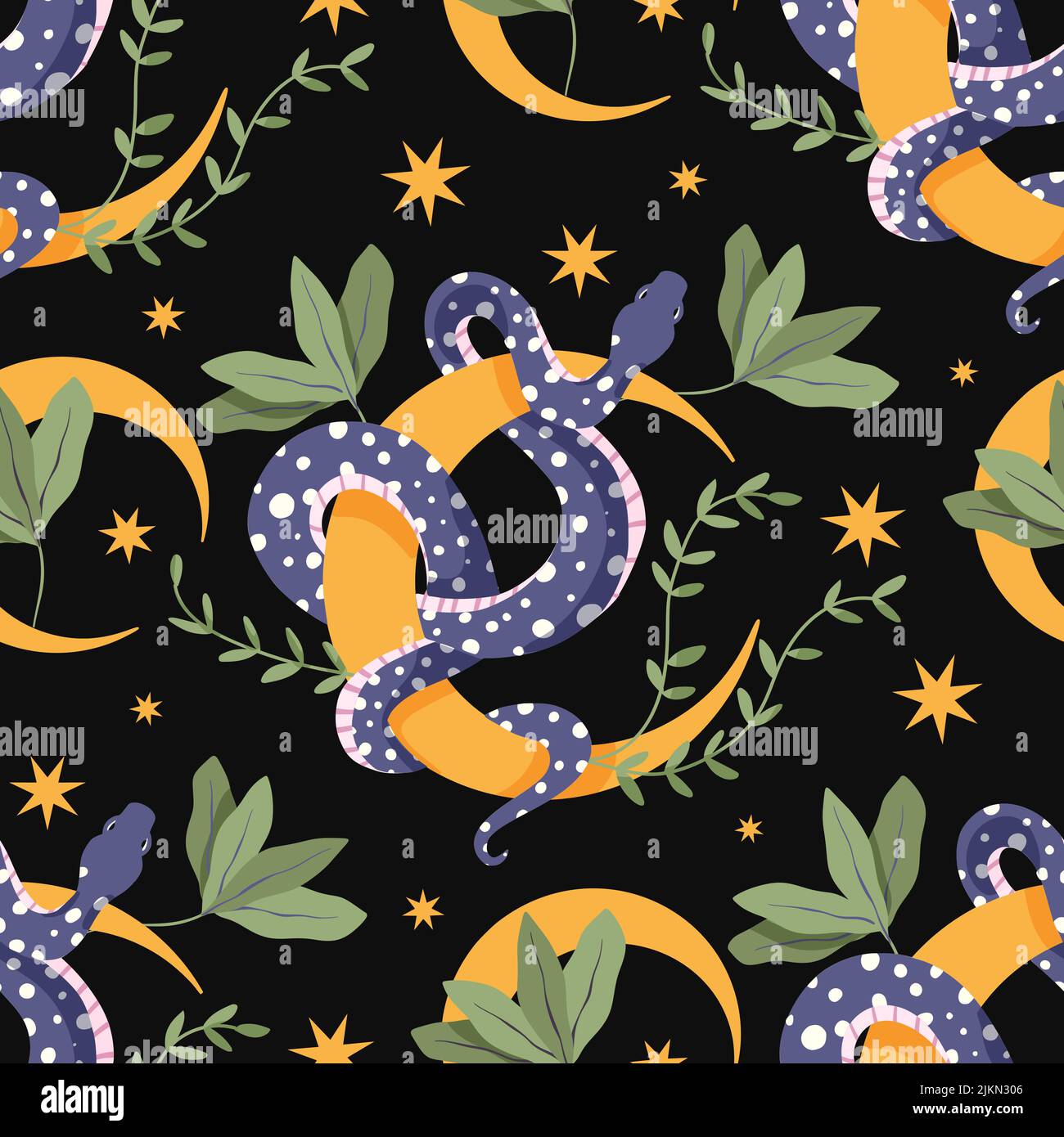 Serpente e luna celeste nero senza giunture vettore pattern. Sfondo magico floreale Illustrazione Vettoriale