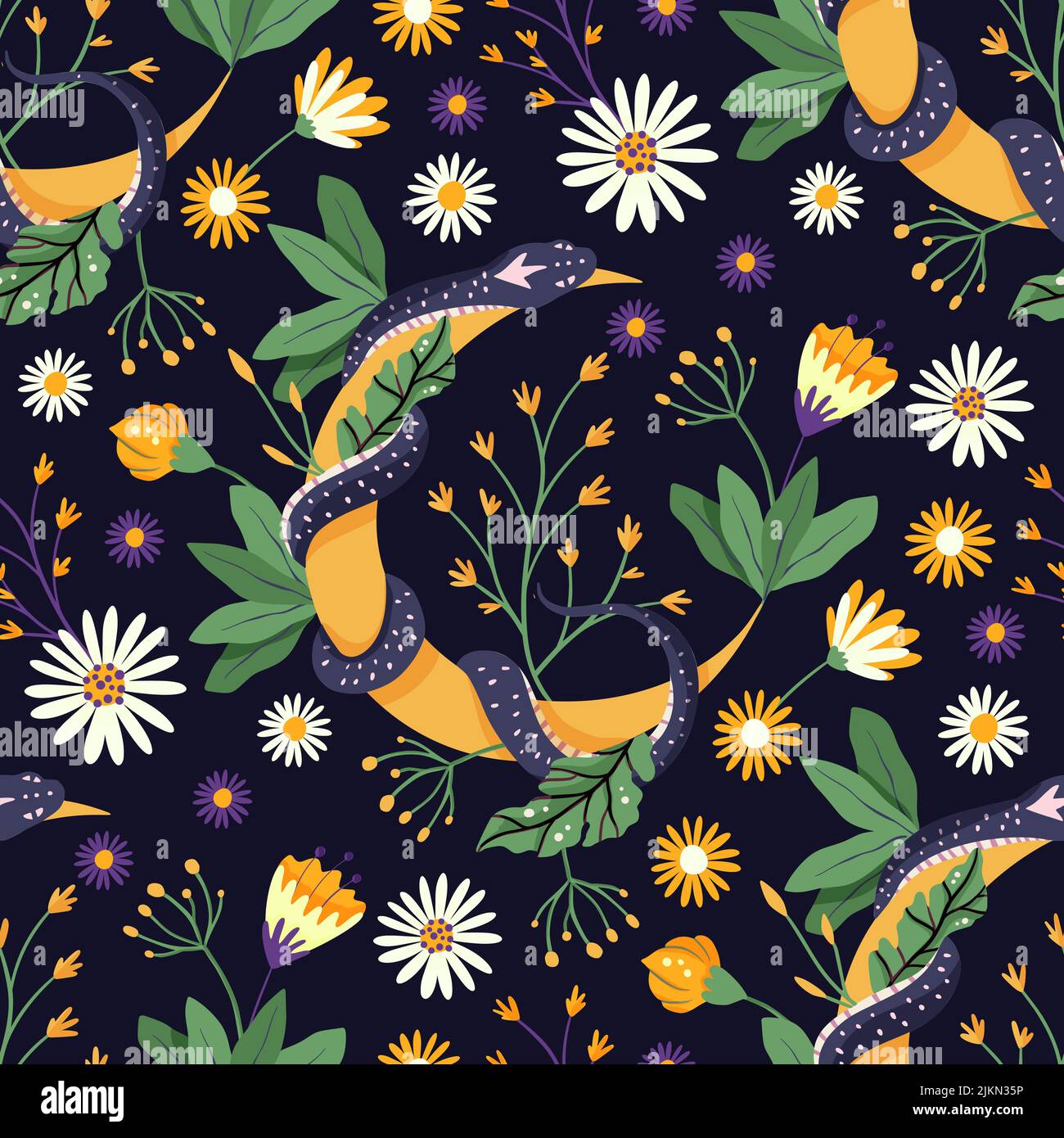 Serpente margherita fiore e luna celeste senza giunture vettore modello. Sfondo magico floreale Illustrazione Vettoriale