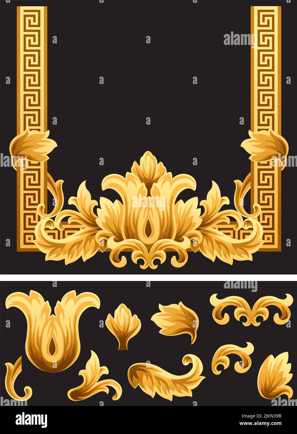 Un ornato decorativo vettore floreale cornice dorata e bordo. Illustrazione Vettoriale