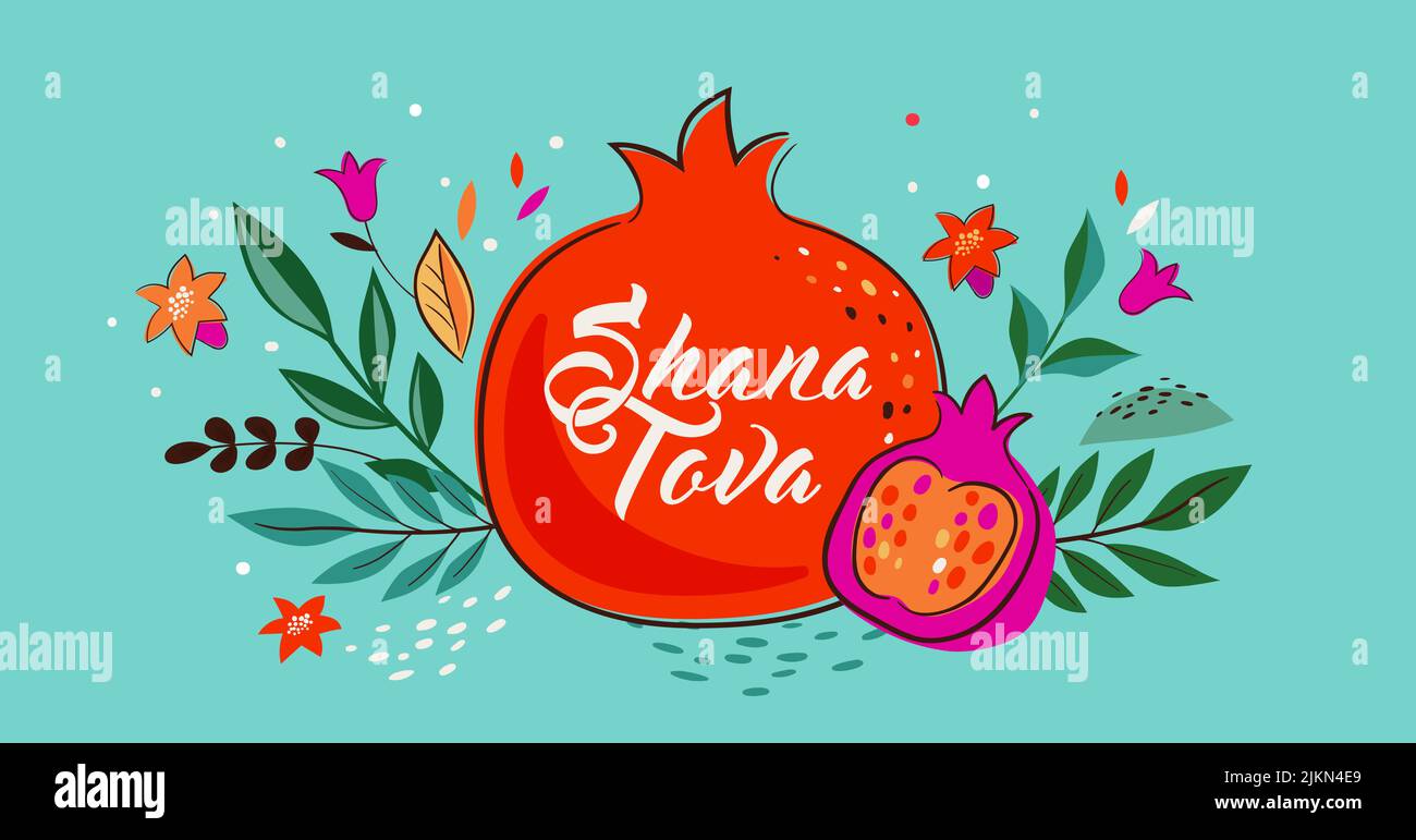 Modello Rosh Hashanah con melagrane e fiori disegnati a mano. Scritta Shana Tova. Traduzione dall'ebraico - Felice anno nuovo Illustrazione Vettoriale