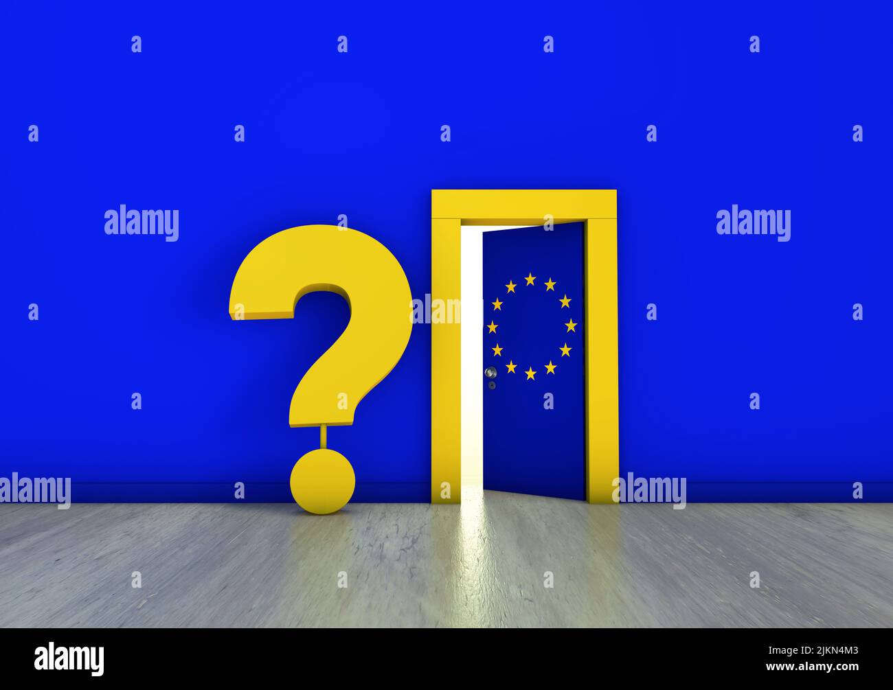 Un rendering 3D con due porte con la bandiera dell'Unione europea e un punto interrogativo Foto Stock