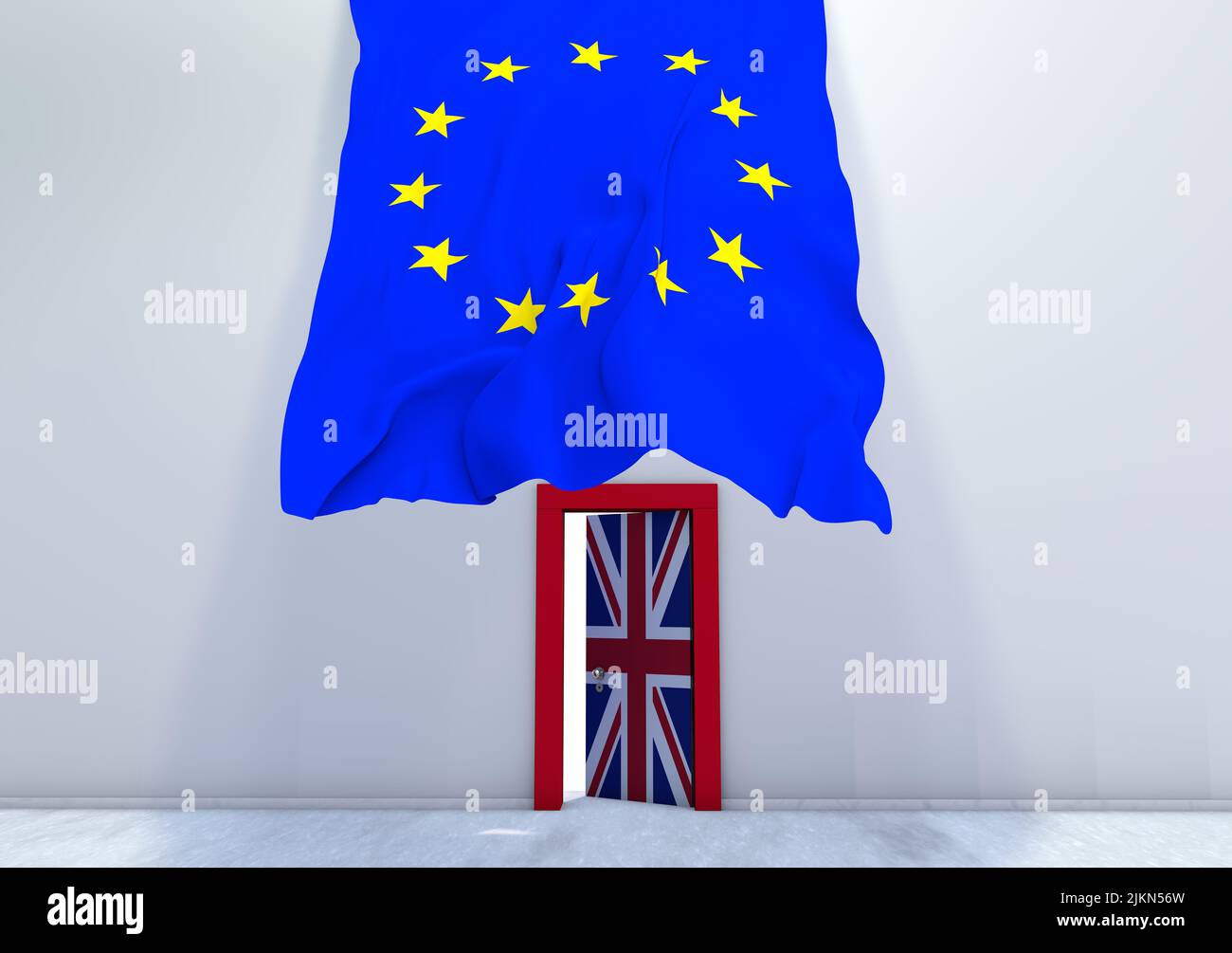 Una rappresentazione 3D della bandiera UE del muro appesa dall'alto e una porta con la bandiera del Regno Unito Foto Stock