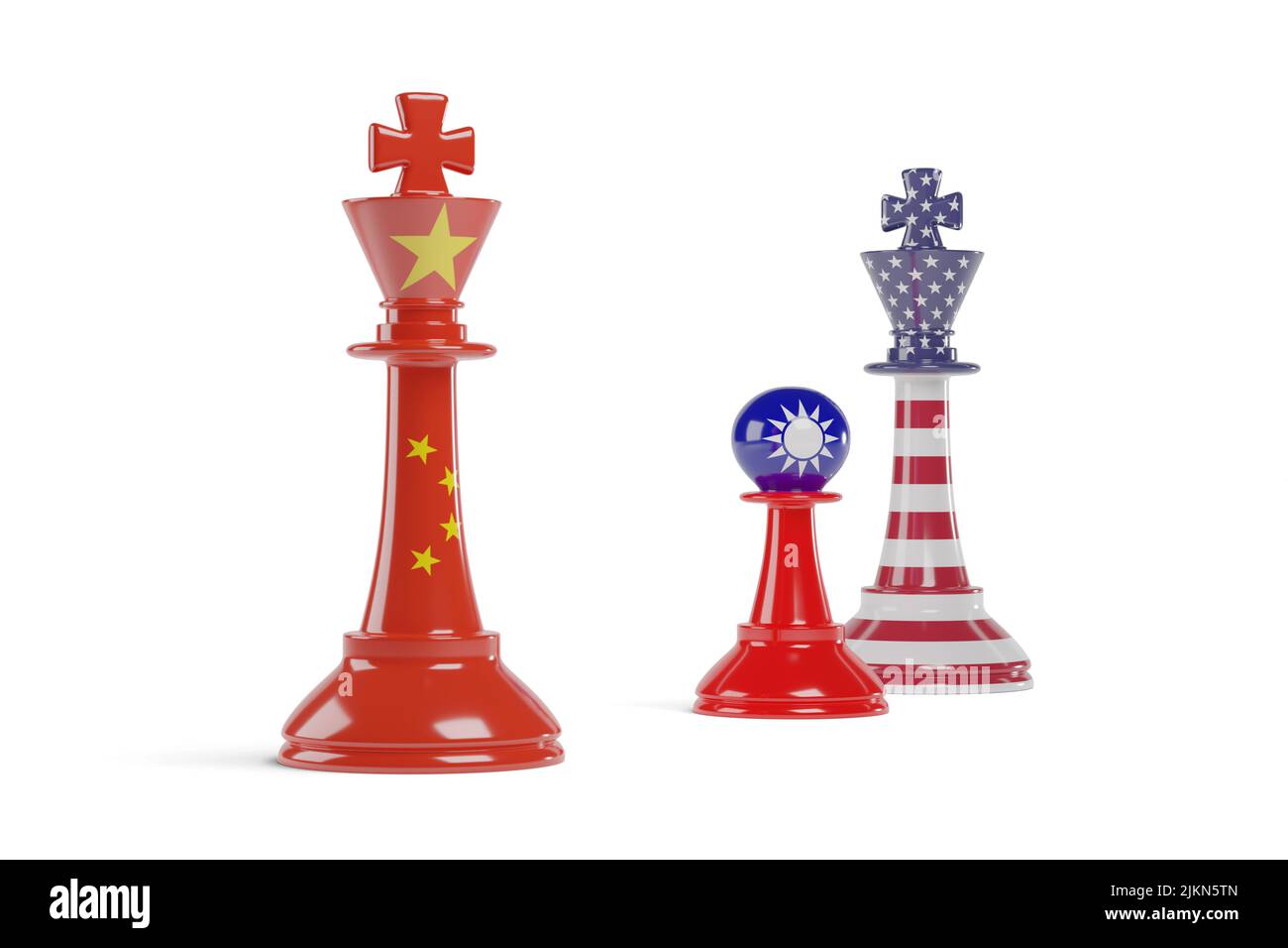 Pezzi di scacchi con le bandiere di Cina, Taiwan e Stati Uniti. 3d illustrazione. Foto Stock