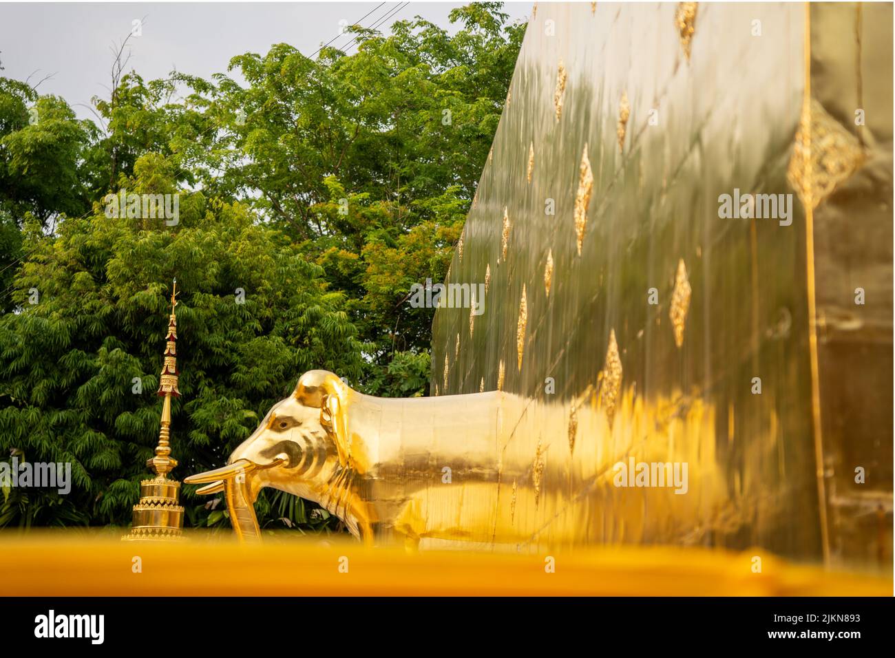 Un bellissimo scatto della statua dell'elefante d'oro del tempio di Wat Phra Singh da alberi a Chiang mai, Thailandia Foto Stock