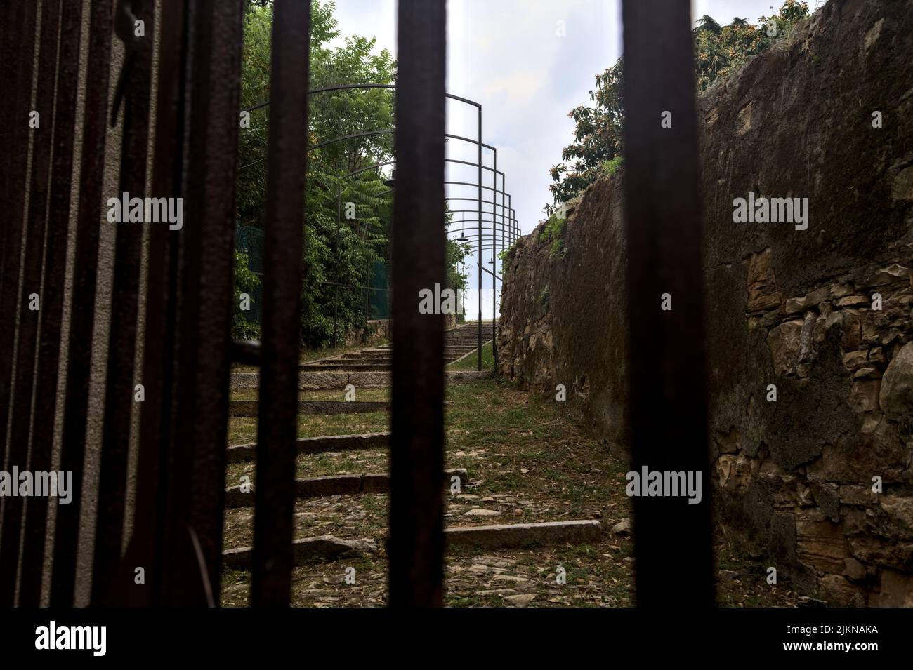 Scala su una collina delimitata da alberi e un muro di pietra visto attraverso una griglia Foto Stock