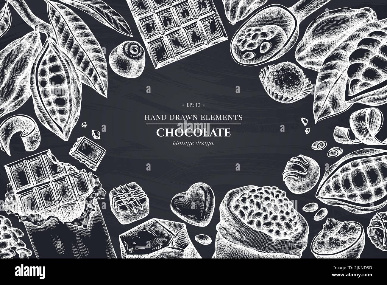 Design monocromatico con gesso di cacao in grani, cacao, cioccolato, caramelle al cioccolato Illustrazione Vettoriale