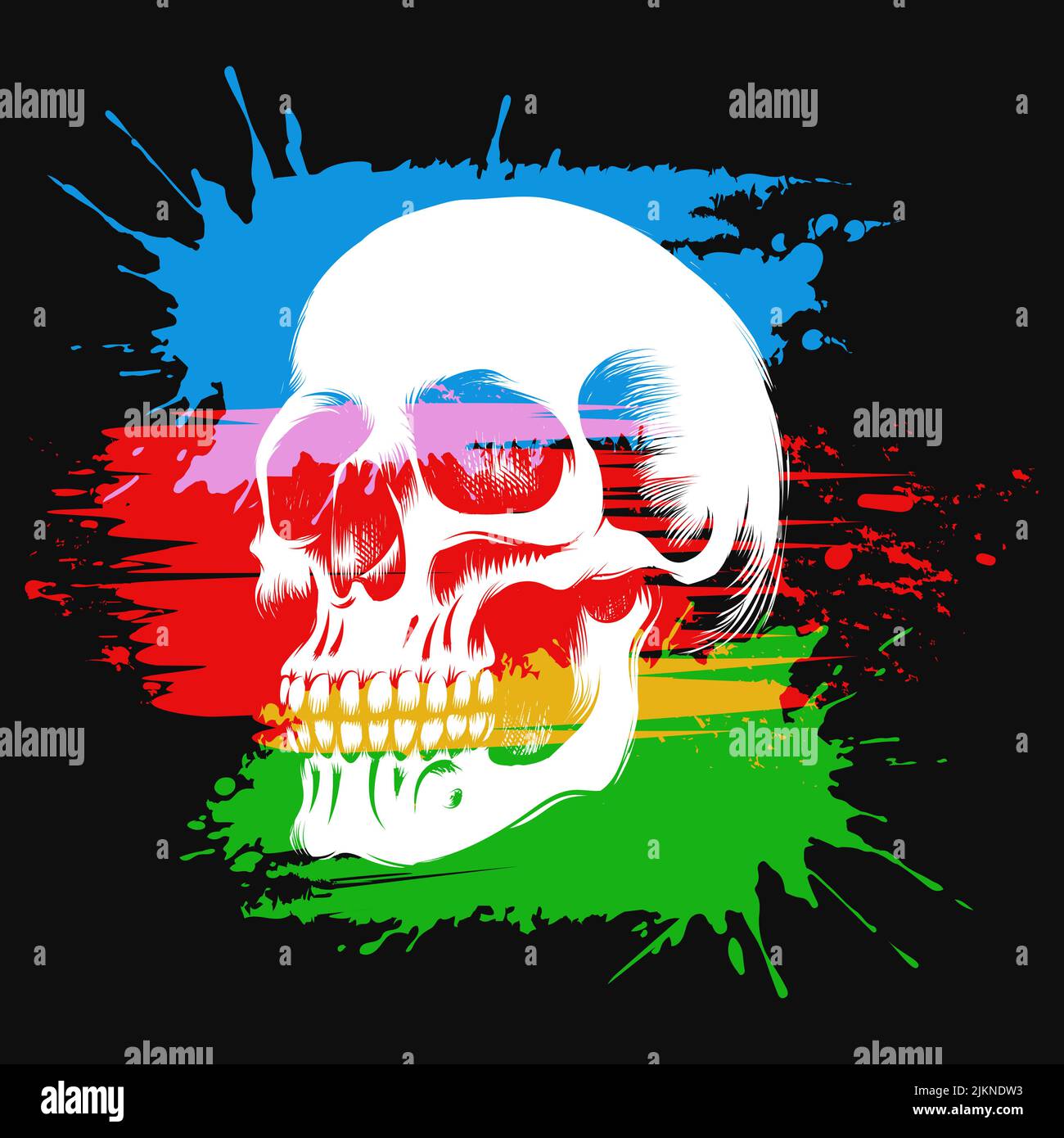 Il cranio umano sopra la spazzola di vernice traccia i blob e gli spruzzi. Stampa disegno isolato su nero. Illustrazione vettoriale. Illustrazione Vettoriale