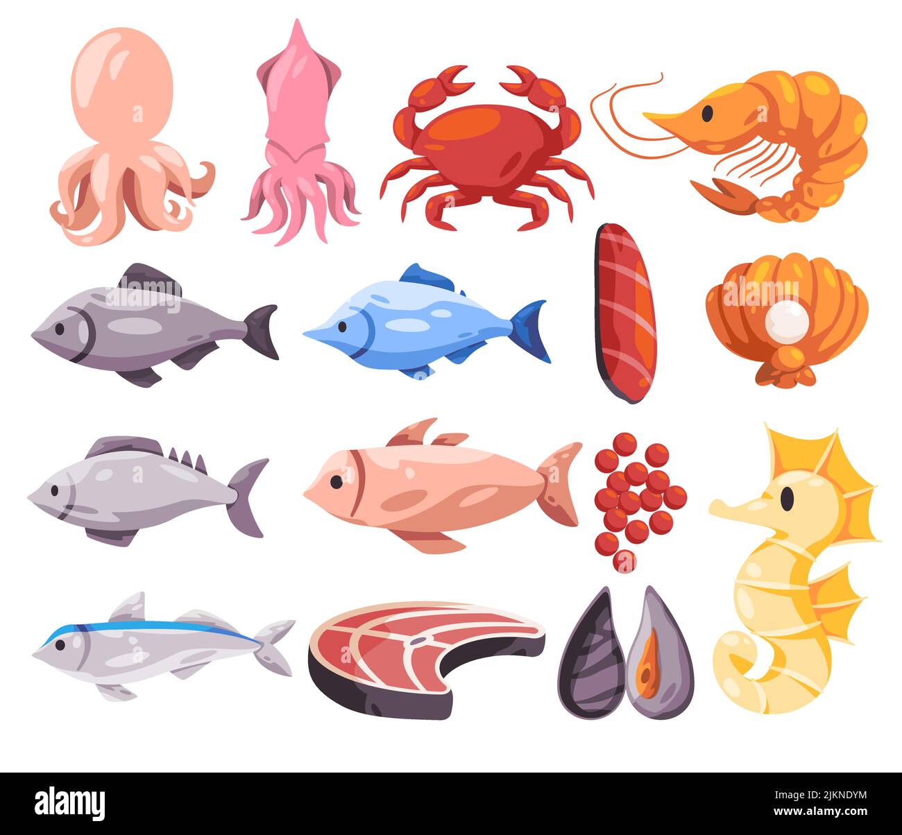 Pesce ristorante carino mare animale cartone animato di polpo tonno gamberi granchio e altri frutti di mare Illustrazione Vettoriale
