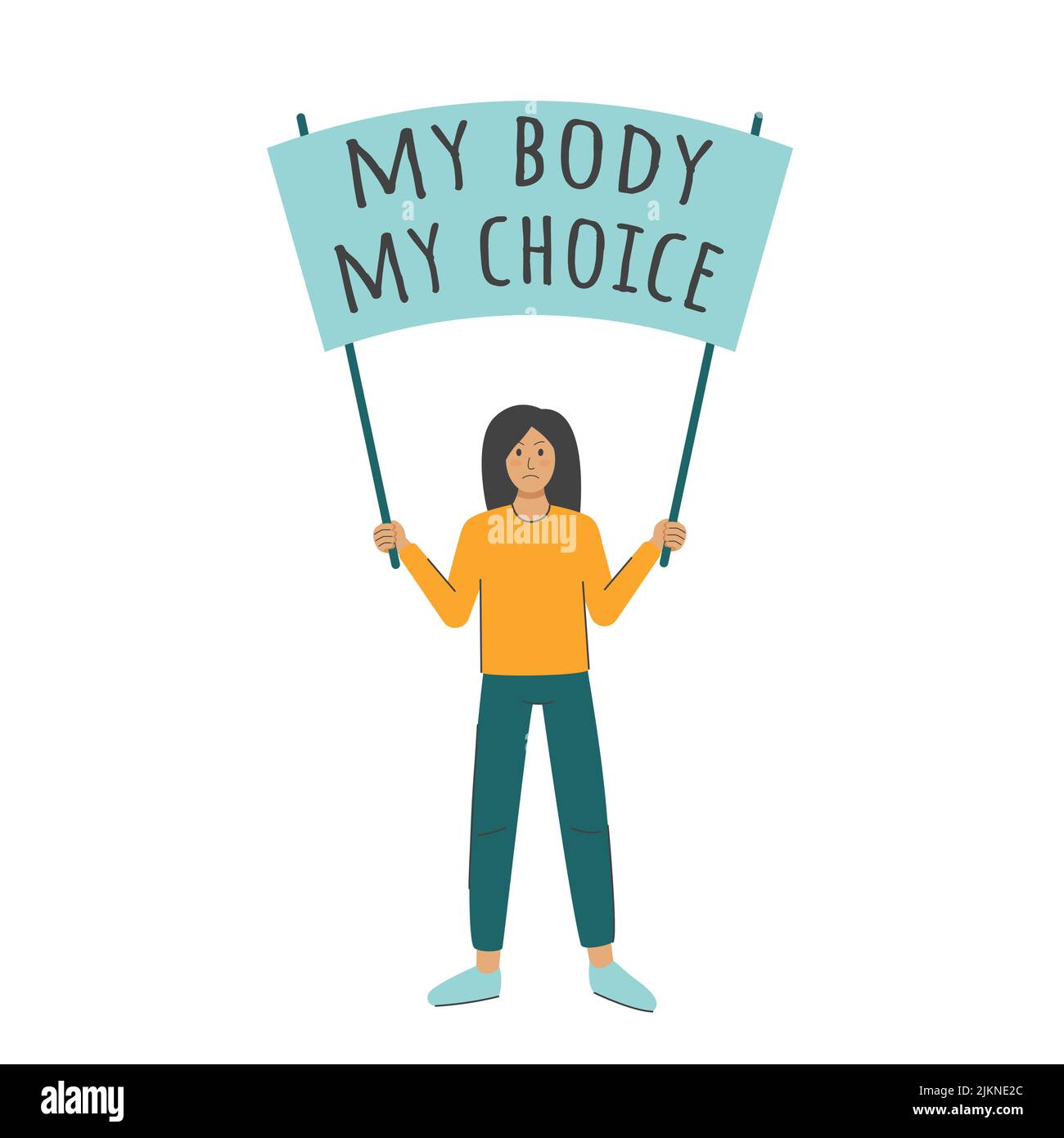 Il concetto di diritti delle donne. Vettore di empowerment femminile. Donna con poster il mio corpo la mia scelta. Protesta contro il divieto di aborto e la legge sull'aborto. Ragazza adulta Illustrazione Vettoriale