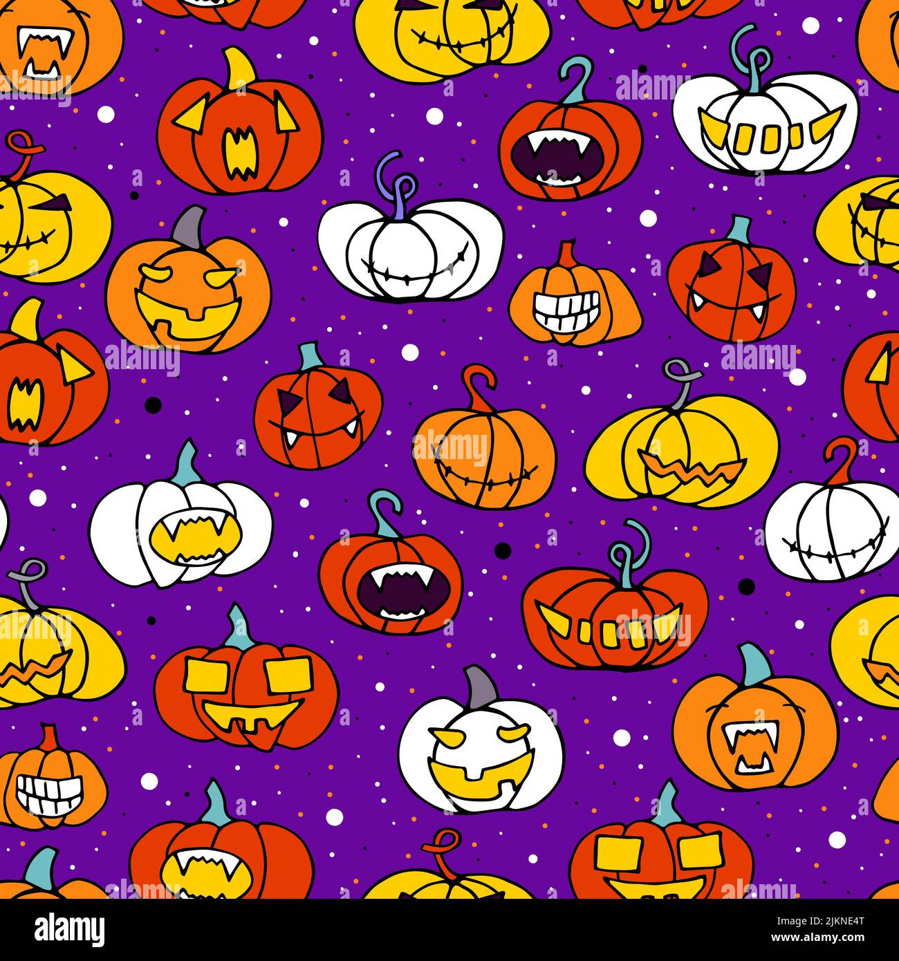 Senza cuciture motivo di zucca arancione spaventosa di Halloween. Faccia divertente, creepy, sorridente su sfondi di punti viola. Doodle personaggio autunnale. Buon simbo di Halloween Illustrazione Vettoriale