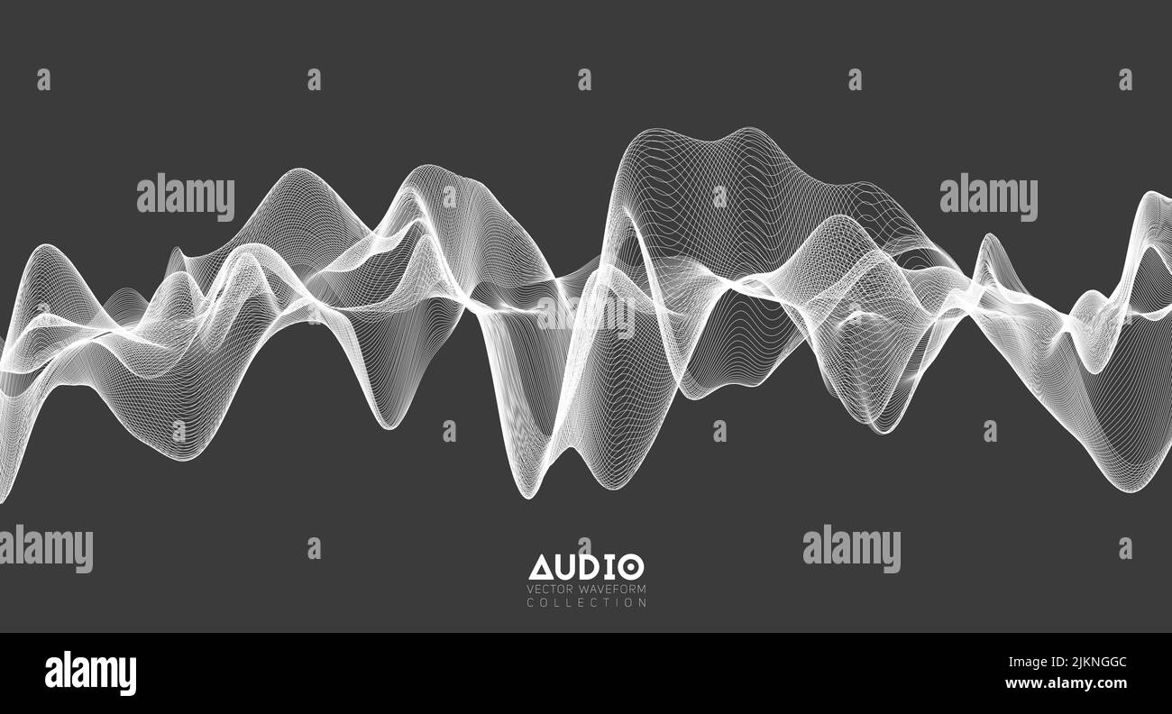 onda audio 3d. Oscillazione a impulsi di musica bianca. Modello di impulso luminoso Illustrazione Vettoriale