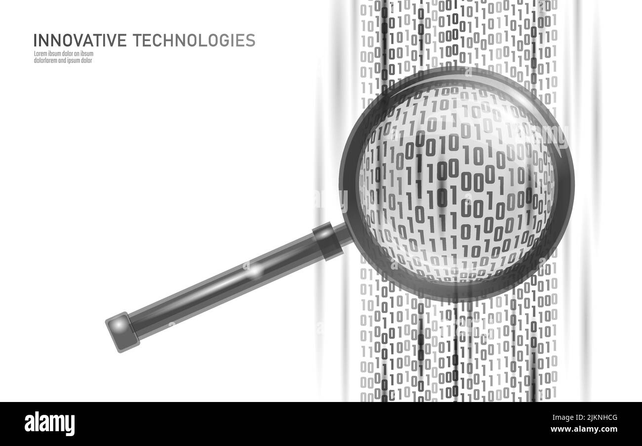 Lente di ingrandimento per l'analisi dei dati di ricerca Web. 3D simbolo realistico motore di ricerca online tecnologia cloud big data. Ricerca Internet sulle prestazioni digitali Illustrazione Vettoriale
