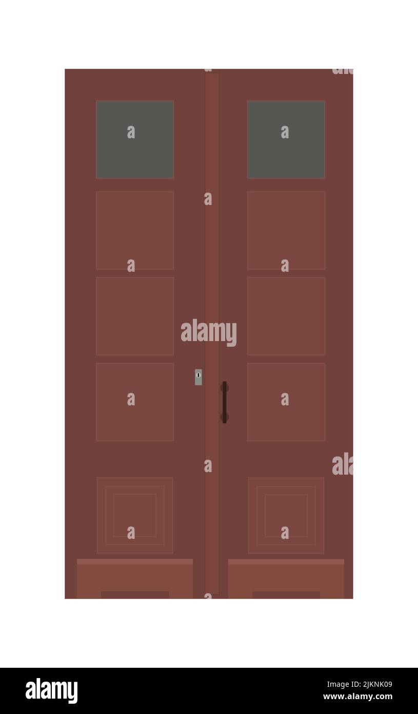 Porta doppia ingresso, portale in legno rosso scuro. Porta d'ingresso anteriore, design in stile europeo. Illustrazione vettoriale. Illustrazione Vettoriale