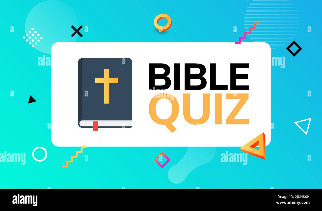 Icona del logo del banner del gioco del quiz della Bibbia. Fumetto bibbia quiz sfondo vettore premio cristiano gioco trivia. Illustrazione Vettoriale