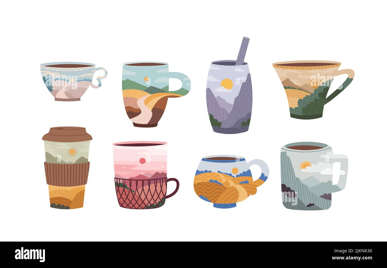 Set di tazze e tazze di caffè e tè con un paesaggio all'interno. Caffè per andare, mate, cacao, ecc. Montagne, colline, cielo e nuvole. Piatto vettoriale Illustrazione Vettoriale