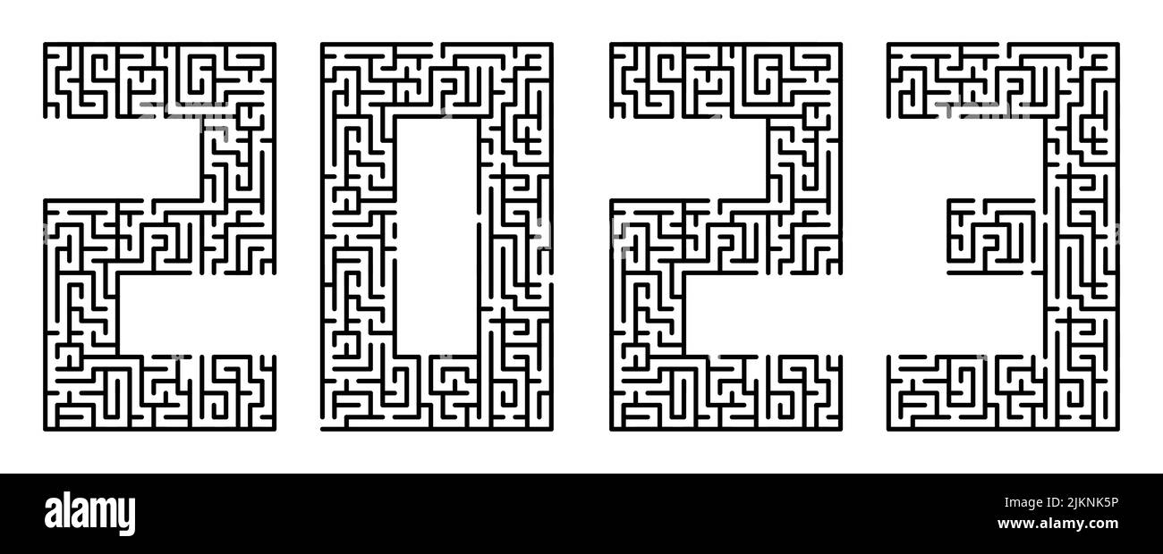 Anno nuovo 2023, numeri scritti in caratteri fatti da linee di labirinto. Figure astratte del nuovo anno. Elemento di progettazione. Vettore Illustrazione Vettoriale