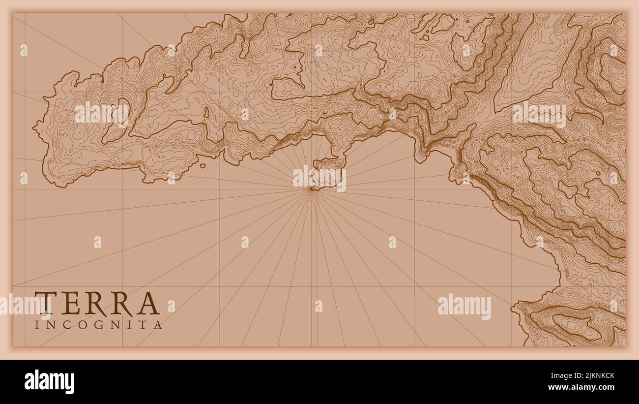 Antico astratto rilievo terra vecchia mappa. Generata mappa concettuale di elevazione vettoriale del paesaggio fantasy. Illustrazione Vettoriale