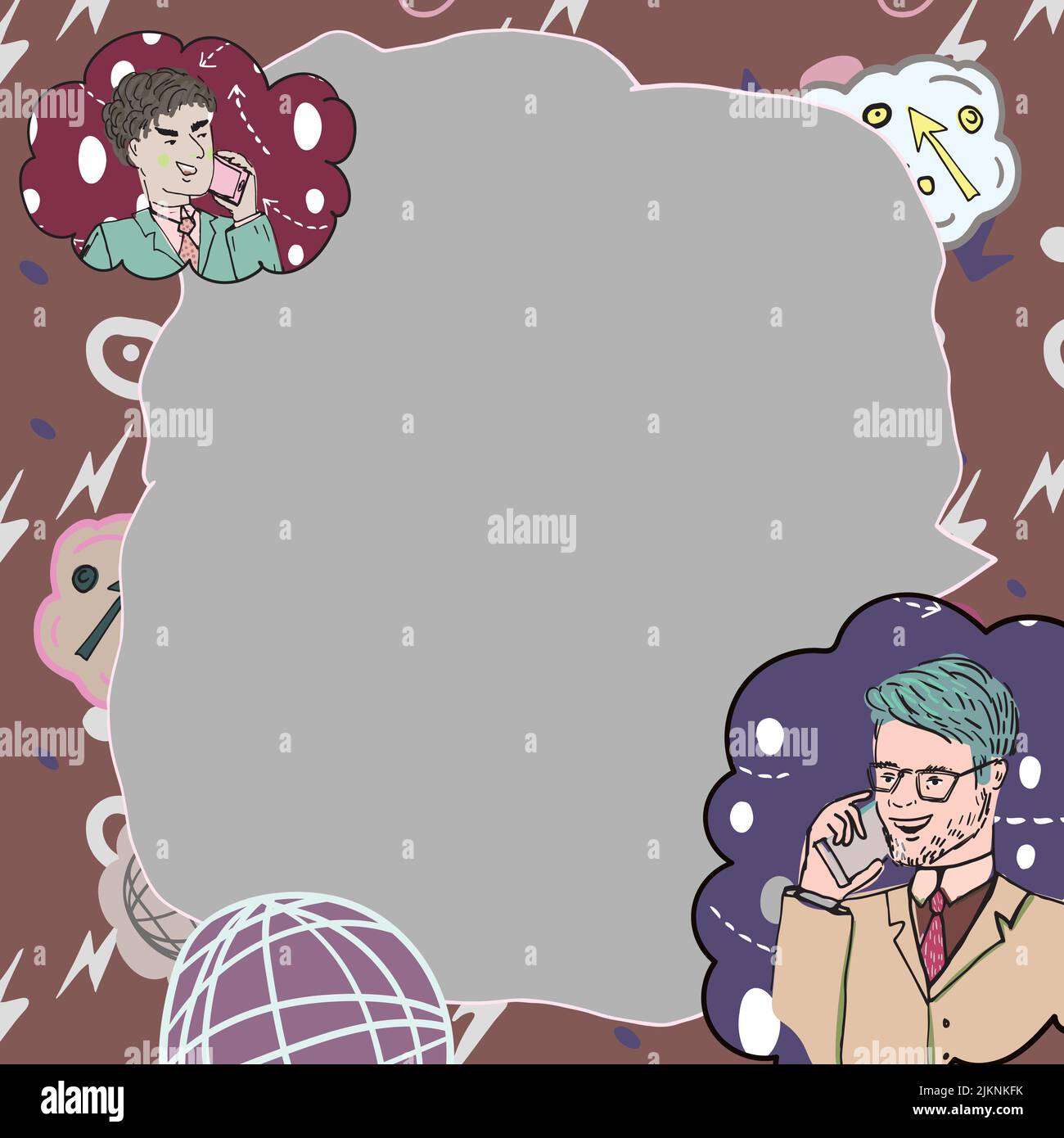 Uomini d'affari che parlano di telefoni cellulari e presentano idee importanti. Uomini che parlano sui cellulari e che mostrano informazioni Crociere. Dirigenti Illustrazione Vettoriale