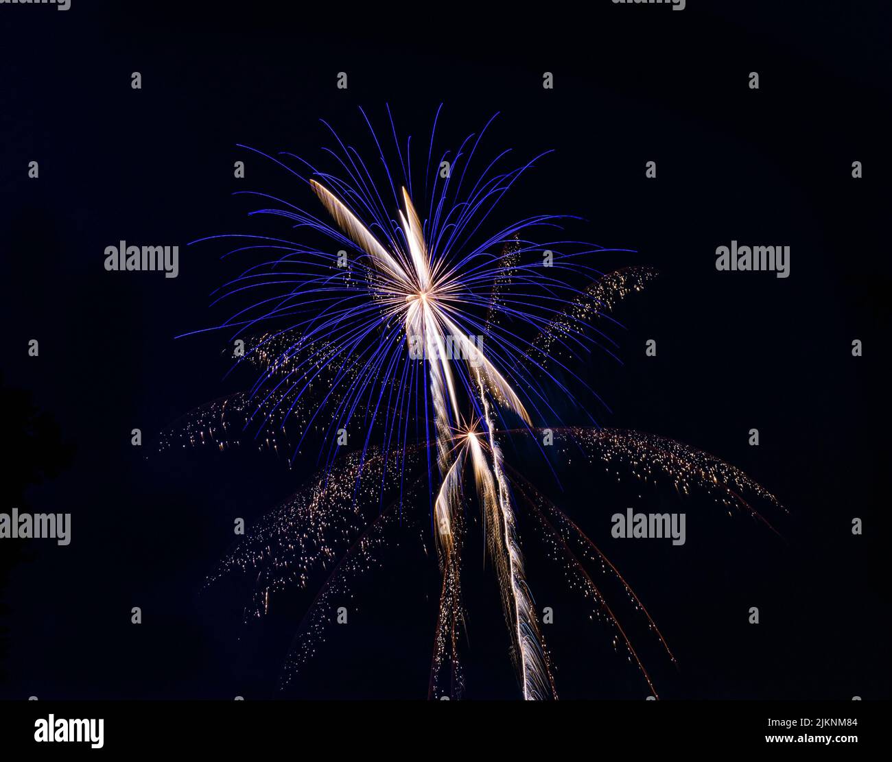 I colori luminosi spruzzi di fuochi d'artificio nel cielo scuro durante una festa nazionale Foto Stock