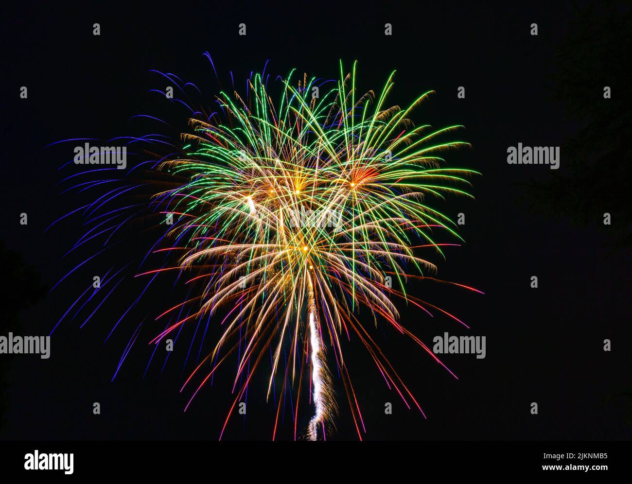 I colori luminosi spruzzi di fuochi d'artificio nel cielo scuro durante una festa nazionale Foto Stock
