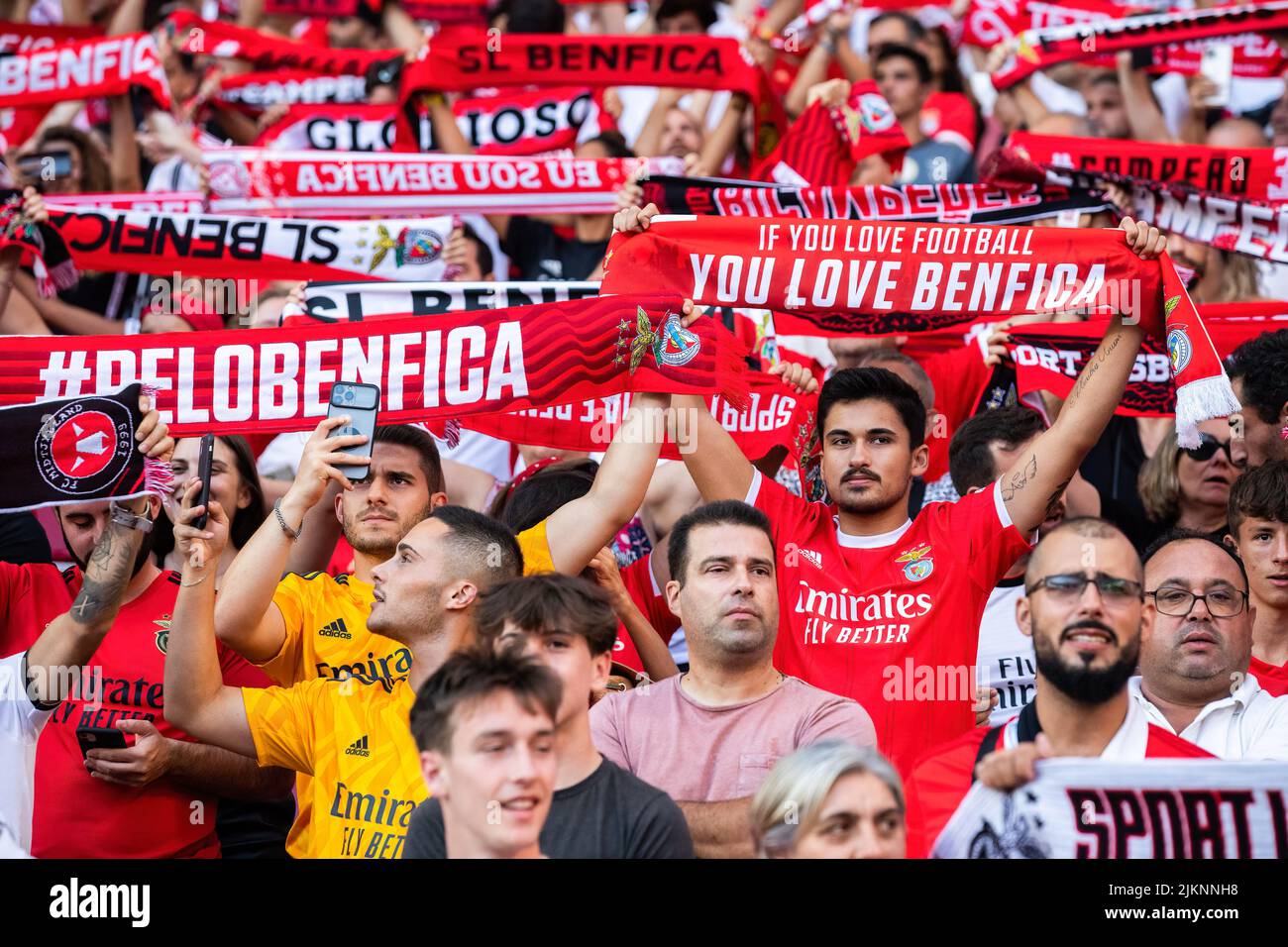 Lisbona, Portogallo. 02nd ago 2022. I tifosi di SL Benfica detengono sciarpe durante la gara di qualificazione della UEFA Champions League 3rd tra SL Benfica e FC Midtjylland allo stadio Estadio da Luz. Punteggio finale; SL Benfica 4:1 FC Midtjylland. (Foto di Hugo Amaral/SOPA Images/Sipa USA) Credit: Sipa USA/Alamy Live News Foto Stock