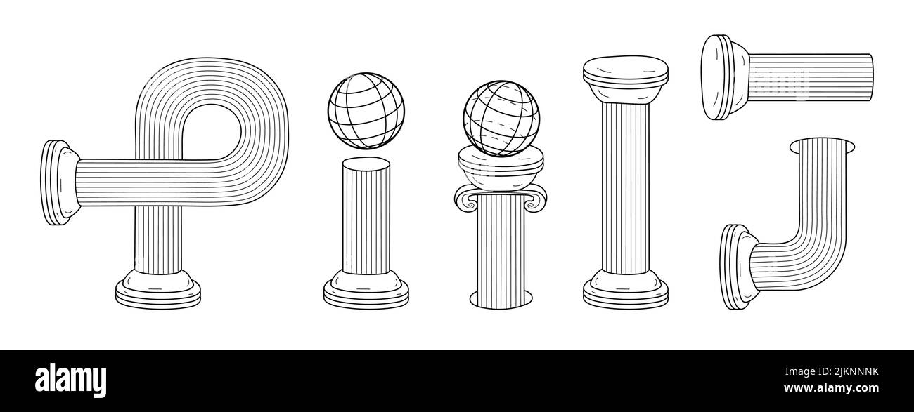 Vettore set di colonne antiche greche. Pilastro antico in stile line. Illustrazione del profilo del piedistallo romano i Illustrazione Vettoriale