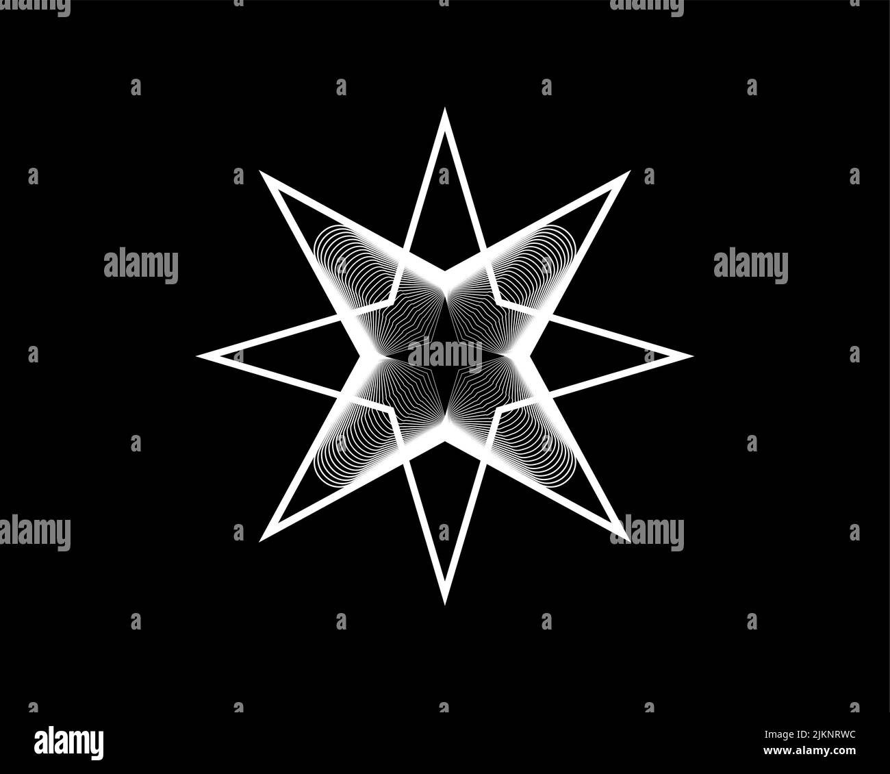 Stella a otto punti, elegante logo vettoriale, modello decorativo con logo di bellezza, geometria sacra di colore bianco, motivo geometrico isolato su nero Illustrazione Vettoriale