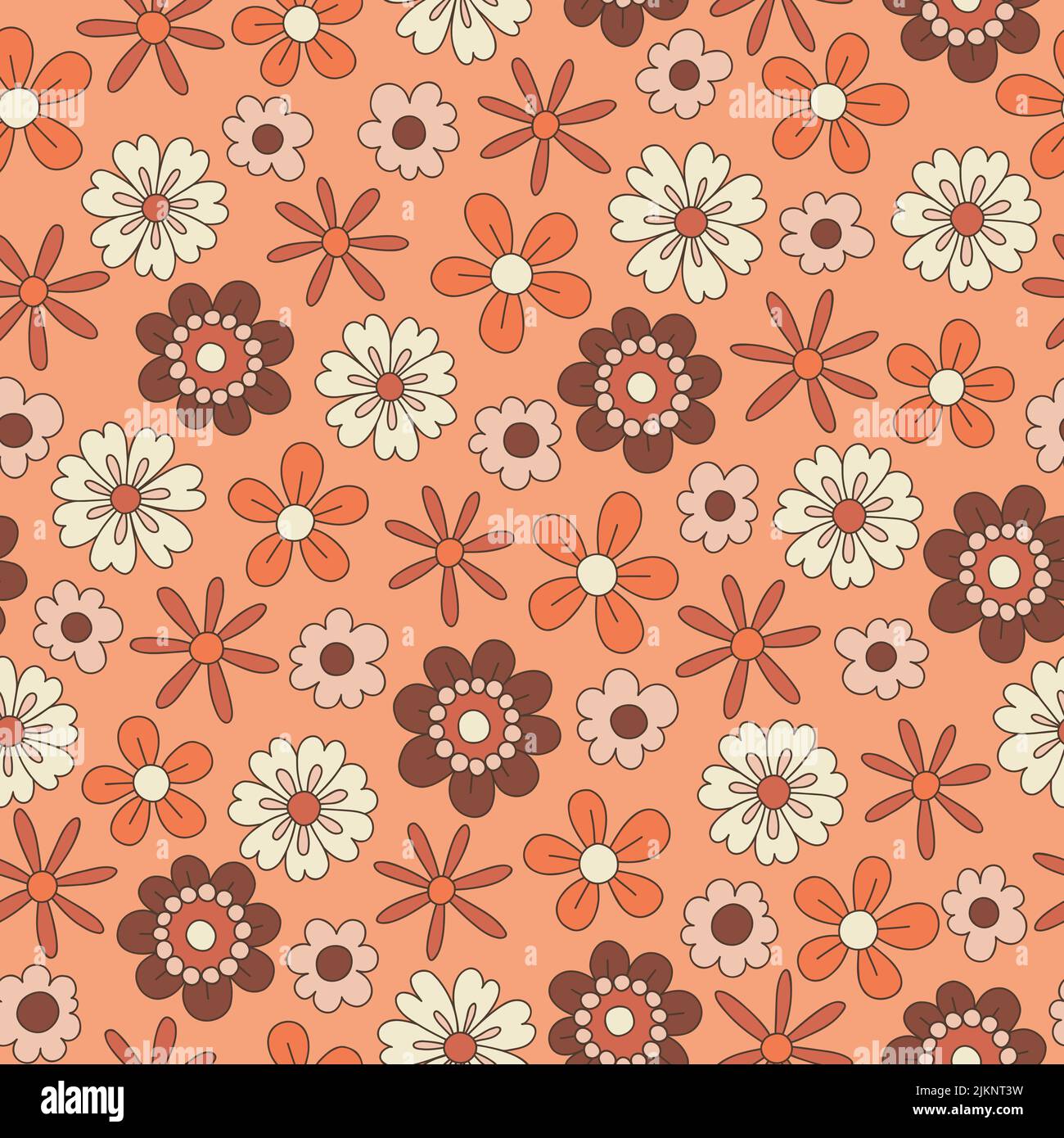 Coloratissimo Ditsy disegno a mano Floral Daisies Vector Seamless Pattern. Stile retrò 70s Illustrazione Vettoriale