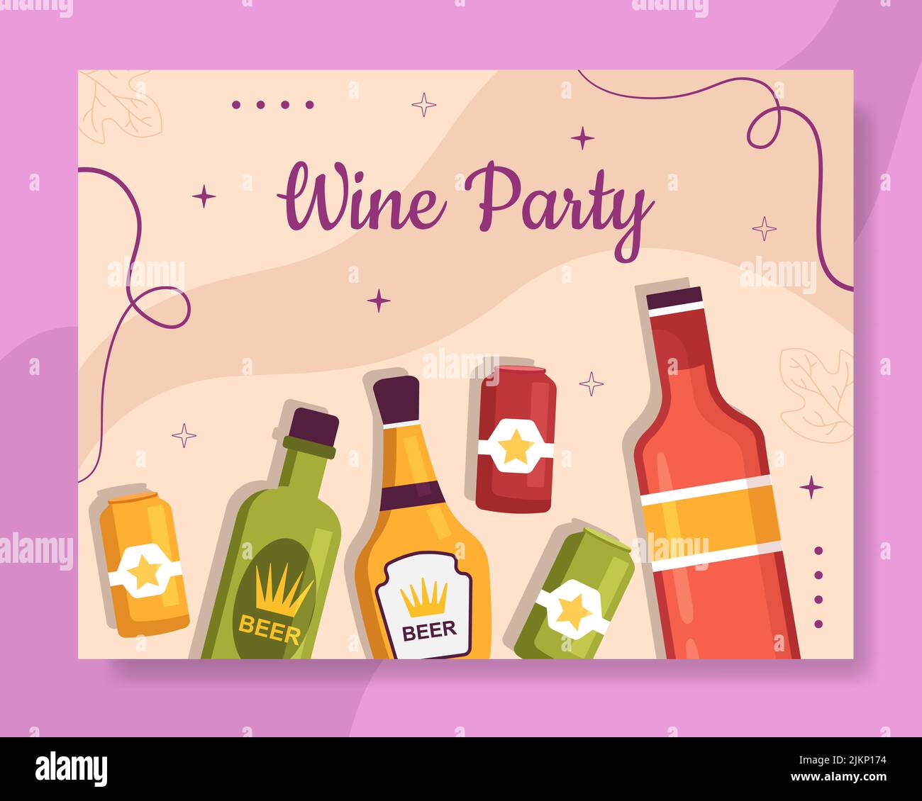 Wine Party Photocall Template Flat Cartoon background Vector Illustration Illustrazione Vettoriale