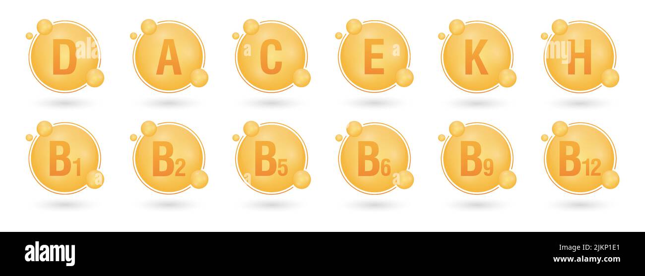 Set di icone multivitaminiche. Integratore multivitaminico. VITAMINA A, GRUPPO B B1, B2, B5, B6, B9, B12, C, D, E, K, H. complesso vitaminico essenziale Illustrazione Vettoriale