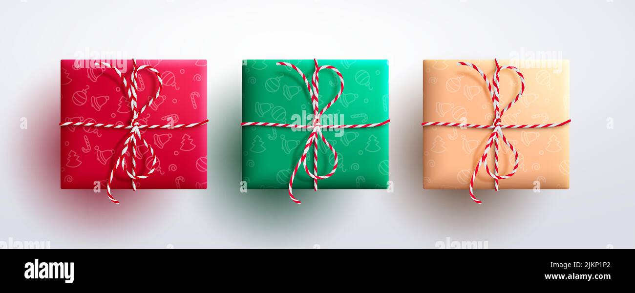 Regali di Natale vettore set design. Scatole regalo di Natale avvolte con motivo minimalista e nastro di spago in vista dall'alto per la decorazione attuale 3D. Illustrazione Vettoriale