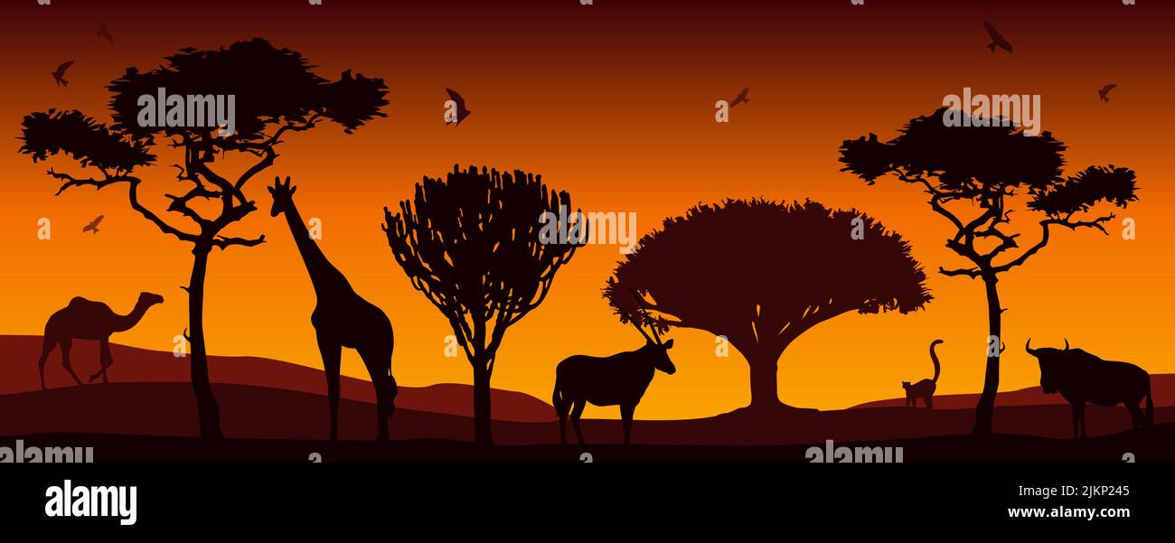 Arte moderna con silhouette di animali africani. Illustrazione Vettoriale