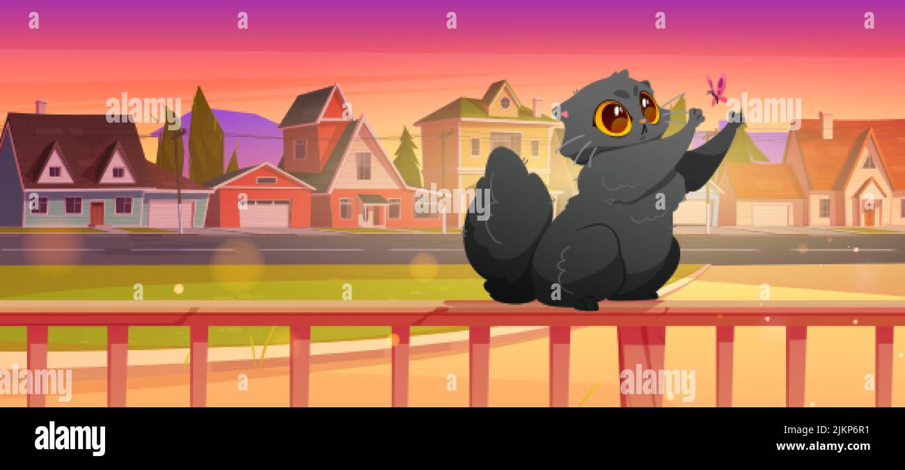 Carino gatto giocando con farfalla in terrazza casa con vista al tramonto del quartiere suburbano con case cottage e prato verde. Cartoon divertente nero gattino t Illustrazione Vettoriale