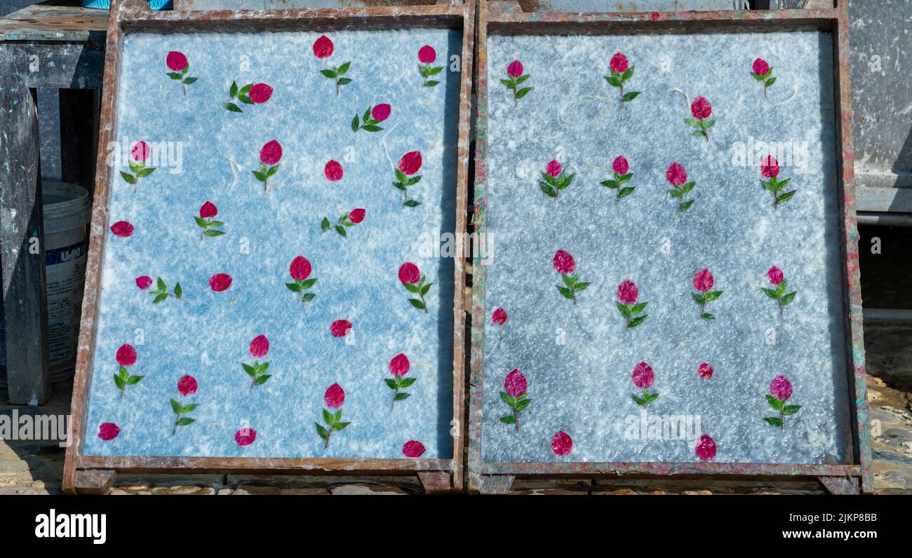 Un primo piano di un'arte marmorizzazione dell'acqua di fiori rosa Foto Stock