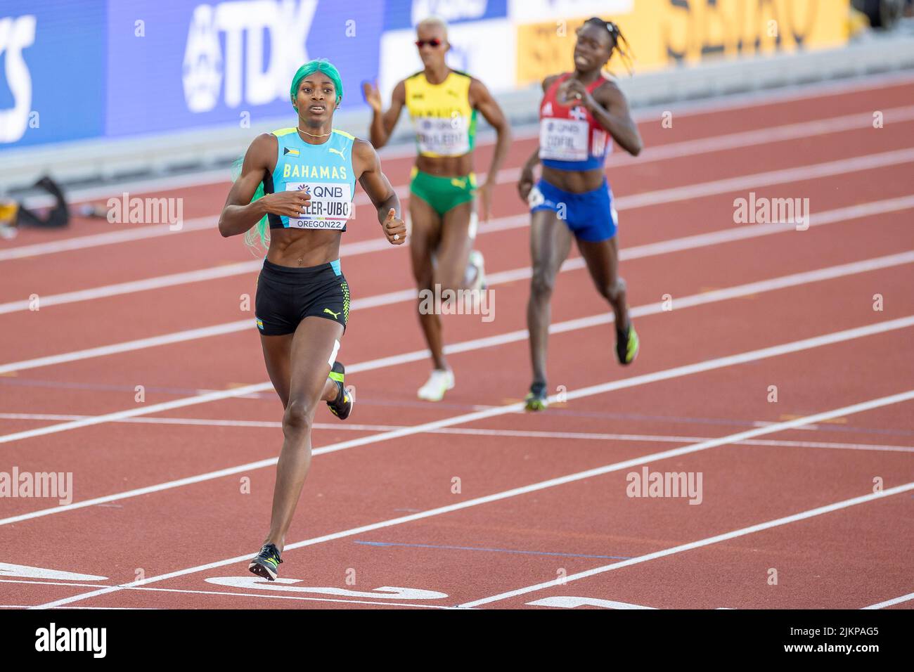 Shaunae Miller-Uibo (BAH) vince la finale di 400 metri in un tempo leader mondiale di 49,11 durante la sessione pomeridiana del giorno 8 del campione Mondiale di Atletica Foto Stock