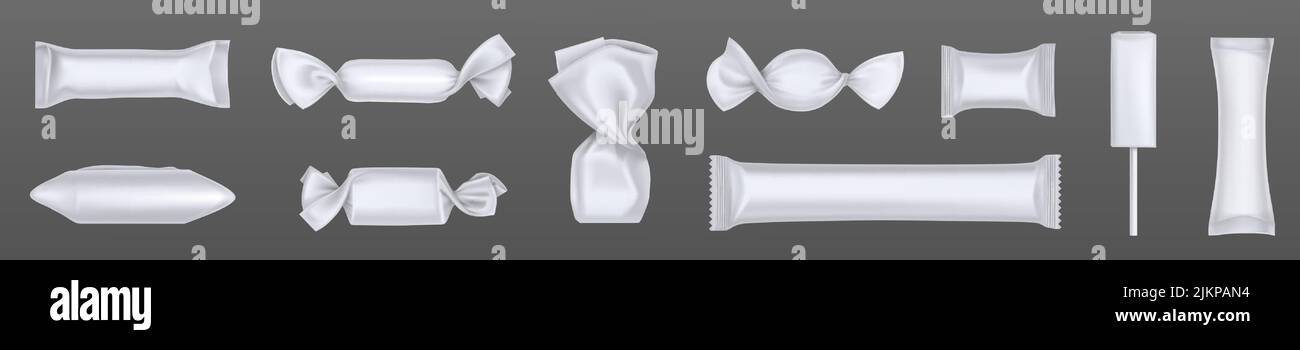 Confezioni bianche di caramelle e cioccolatini, 3D confezioni di plastica bianca. Mockup vettoriale realistico di impacchi dolci, modello vuoto di impacchi per bonbon, snac Illustrazione Vettoriale