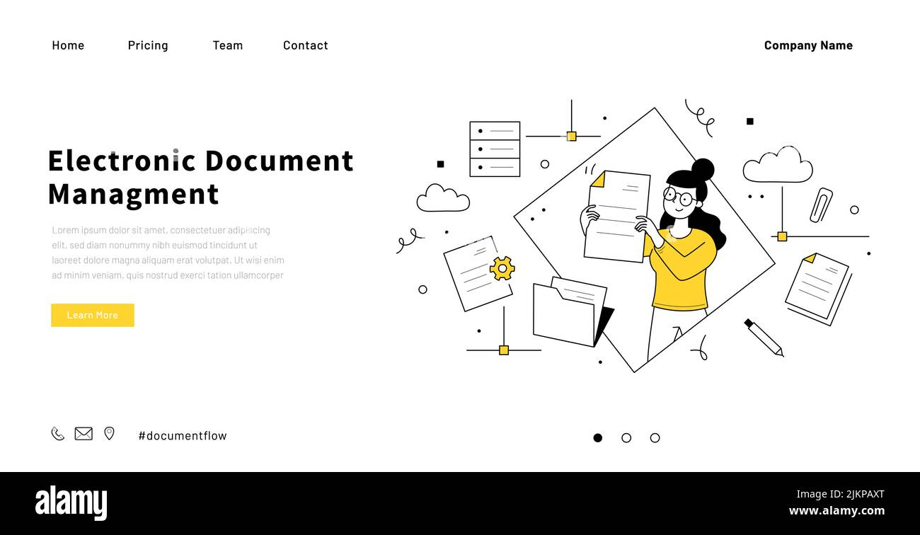 Pagina di destinazione della gestione elettronica dei documenti. Organizzazione dell'archivio dati, documenti di ufficio e archiviazione di file. Vettore disegno a mano illustrazione di donna così Illustrazione Vettoriale