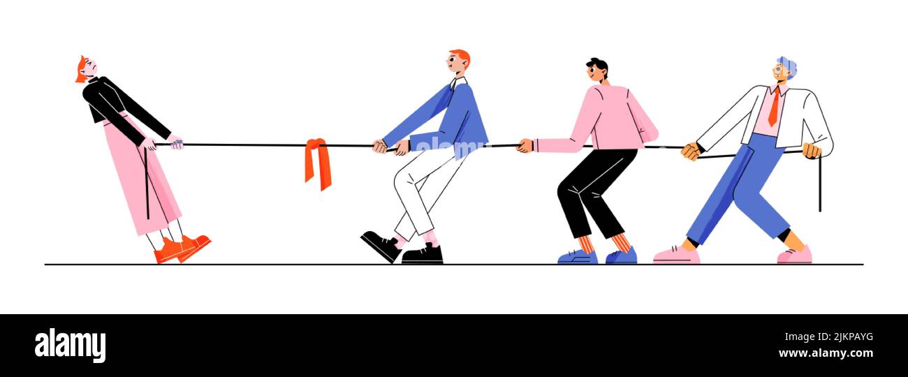 Rivalità di genere, uomini squadra tira di guerra con una sola donna. Uomini e donne uomini d'affari personaggi wrestling. Ufficio lotta per la leadership, il sessismo, la miseria, f Illustrazione Vettoriale