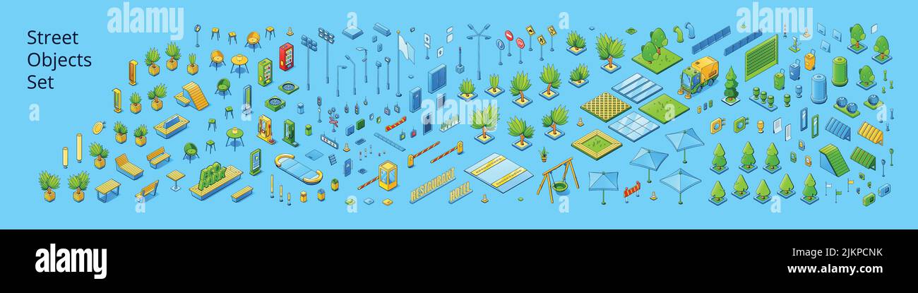 Oggetti di strada allestiti con alberi isometrici, segnaletica stradale, semafori, cartelli per hotel e ristoranti. Illustrazione vettoriale degli oggetti del parco e del caffè, la Illustrazione Vettoriale