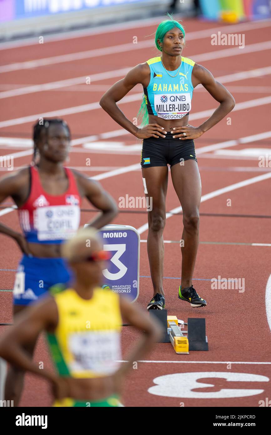 Shaunae Miller-Uibo (BAH) si prepara all'inizio della finale di 400 metri durante la sessione pomeridiana del giorno 8 del Campionato Mondiale di Atletica ore Foto Stock