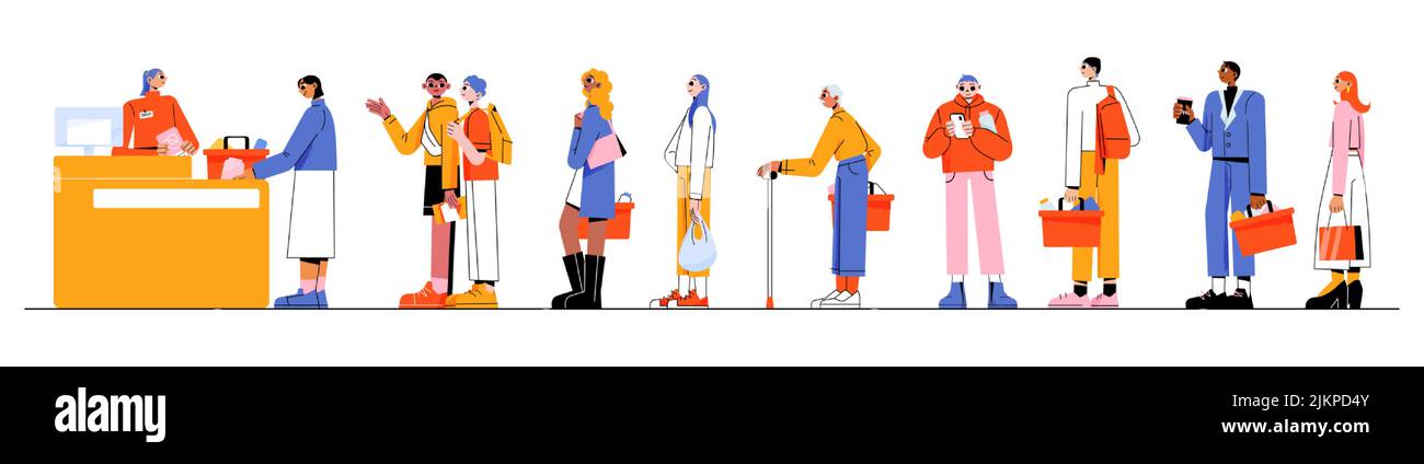 Persone diverse in coda lunga al supermercato. Illustrazione piatta vettoriale di gruppo multirazziale, uomini e donne, anziano con canna e studenti con Illustrazione Vettoriale