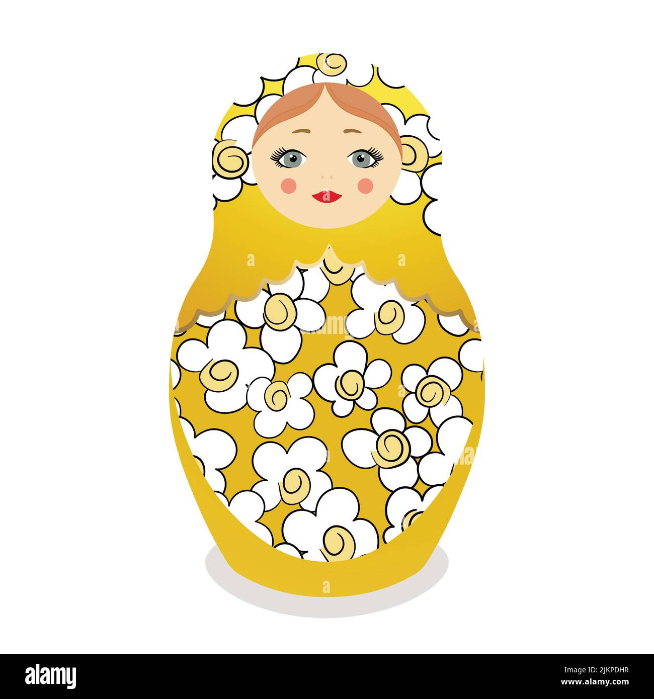 Matryoshka russa. Bambole folcloristiche russe tradizionali con occhi e labbra grandi. Bambola Babushka con hohloma, motivo floreale tradizionale dipinto. Mano Illustrazione Vettoriale