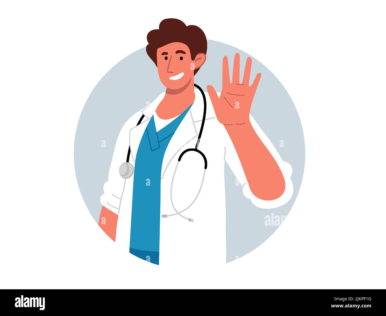 Sorridente medico con stetoscopio ondante, dire hallo.Vector illustrazione piatta Illustrazione Vettoriale