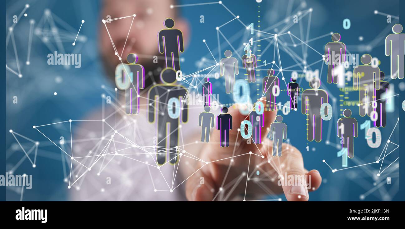 Un rendering 3D di un uomo d'affari che indica un gruppo di persone icone - concetto di comunicazione Foto Stock
