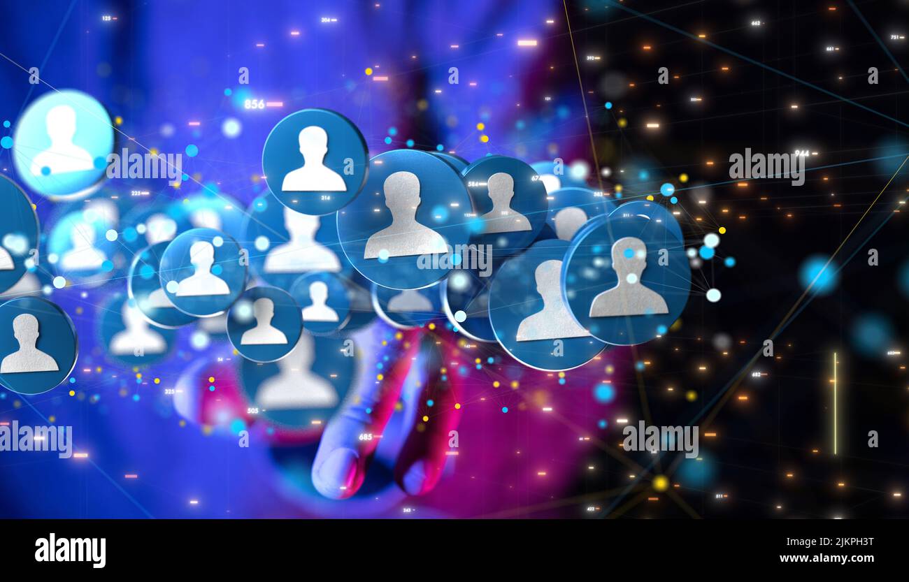 Un rendering 3D di un uomo d'affari che indica un gruppo di persone icone - concetto di comunicazione Foto Stock