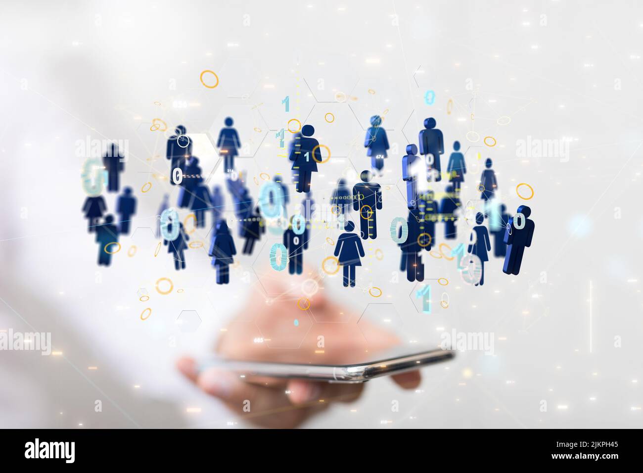 Un rendering 3D di un gruppo di icone mobili di persone su un tablet - concetto di comunicazione Foto Stock