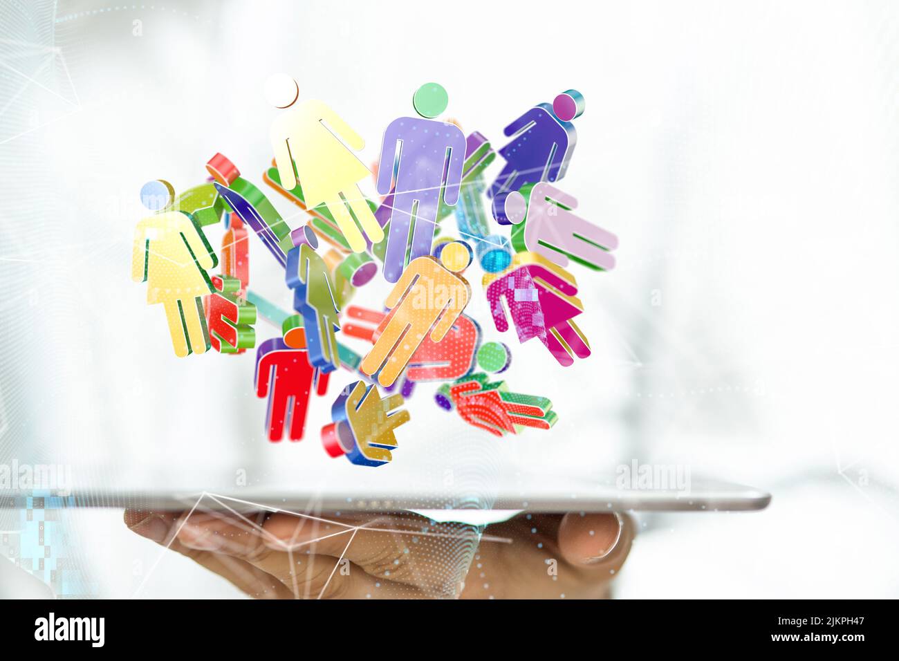 Un rendering 3D di un gruppo di icone colorate galleggianti su un tablet - concetto di comunicazione Foto Stock