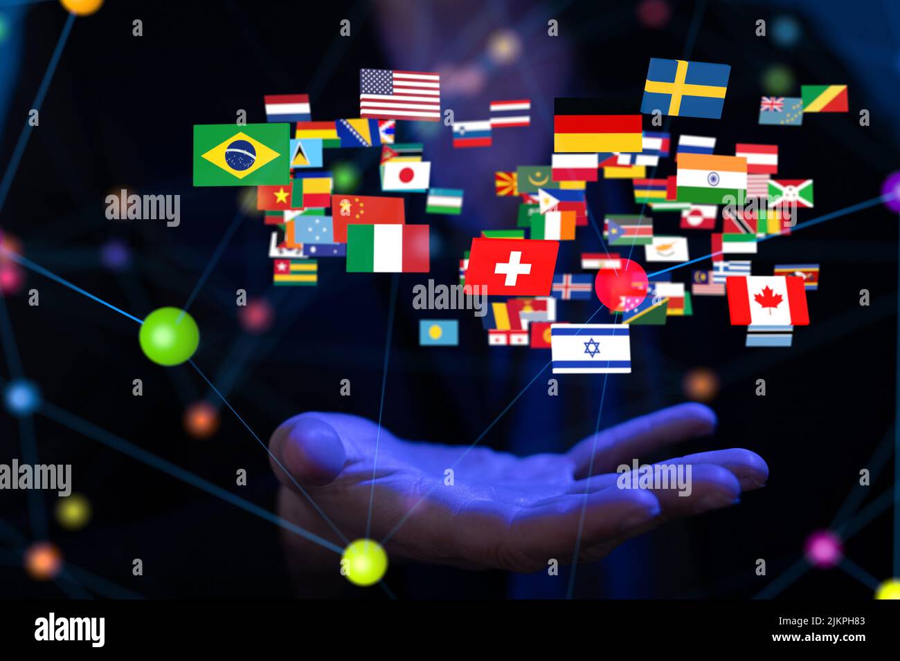 Una rappresentazione 3D delle bandiere nazionali rispetto al concetto di comunicazione globale Foto Stock