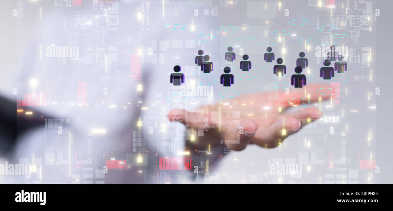 Un rendering 3D di icone umane su un concetto di comunicazione mano-social network Foto Stock