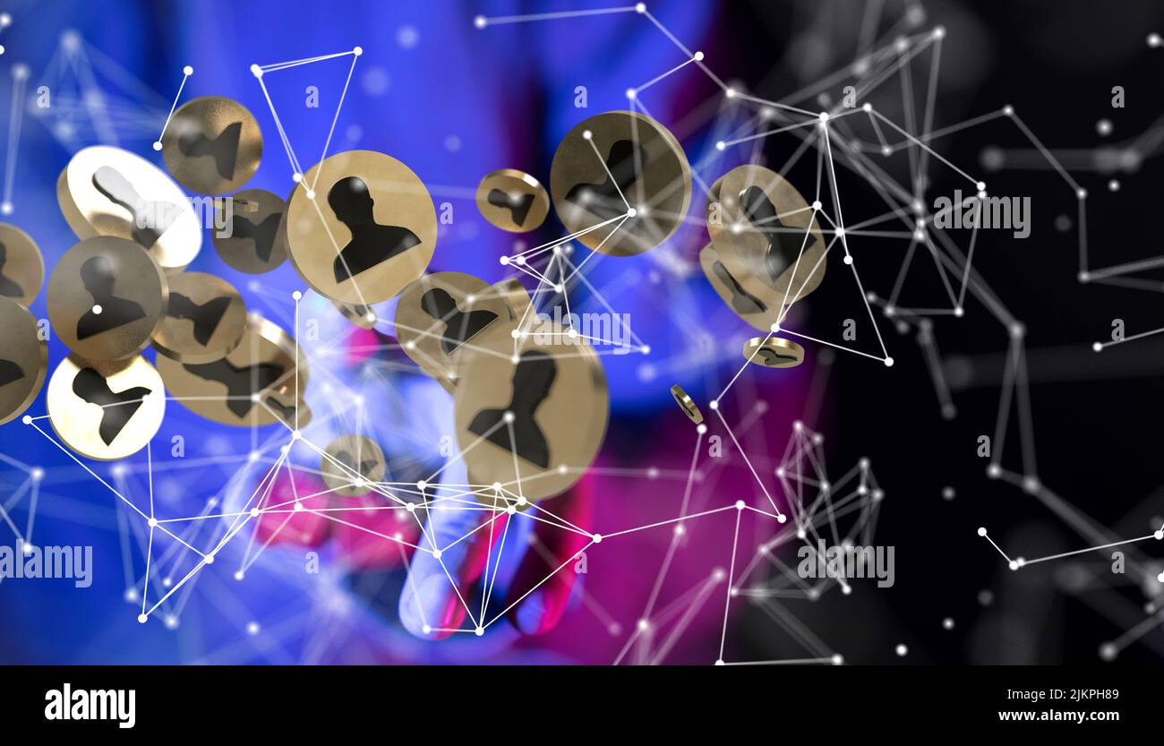 Un rendering 3D di icone umane con tocco manuale su di esso dal concetto di comunicazione dietro Internet Foto Stock